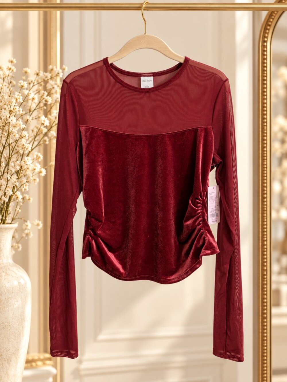 Wild Fable Velvet Mesh Ruched Long Sleeve Top Deep Red L NWT Y2K